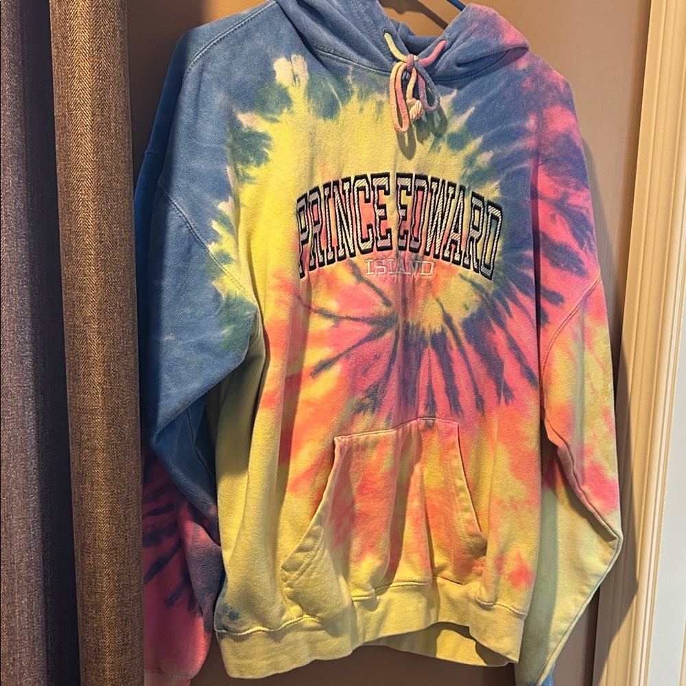 Exist Multicolor Tie-Dye Hoodie with Prince Edward Island text